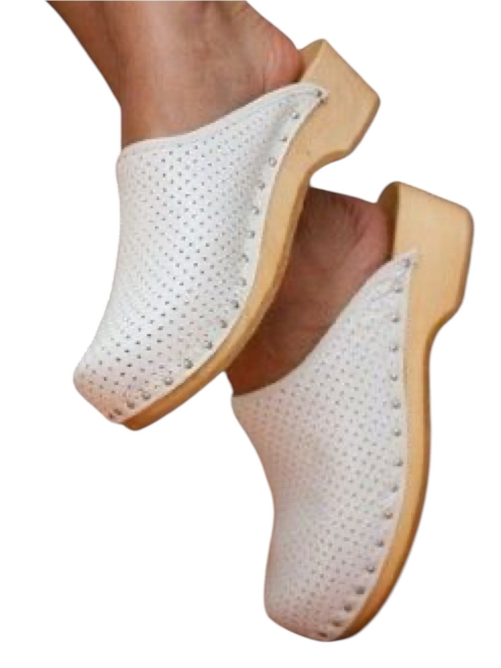 Vintage 70’s Scandinavian Leather White Perforated Studded Wooden Heel Clogs 6.5